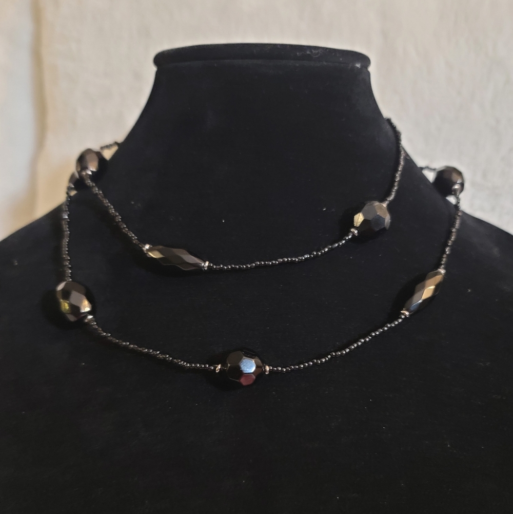 Liz Claiborne Vintage Faceted Black Glass & Seed Bead Necklace, Estate